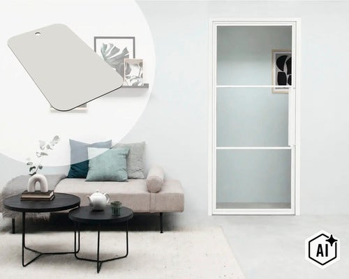 Moderne glazen deur met wit frame in een stijlvol ingerichte woonkamer met bank en twee ronde bijzettafels. (Image AI modified or generated)