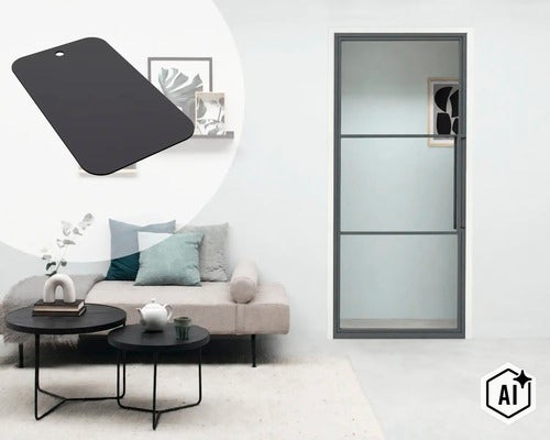 Moderne glazen deur met dunne omlijsting in een moderne woonkamer met bank en salontafels. (Image AI modified or generated)