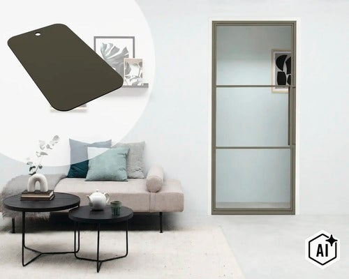 Moderne glazen deur met metalen frame in een lichte woonkamer met bank en salontafels. (Image AI modified or generated)