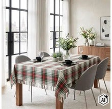 Een gedekte eettafel met een geruit tafelkleed met franjes in een lichte, modern ingerichte eetkamer met grote ramen. (Image AI modified or generated)