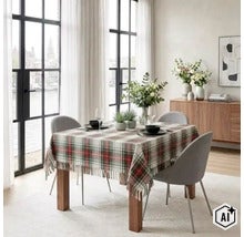 Een vierkante eettafel met een geruit tafelkleed met franjes in een lichte en modern ingerichte eetkamer. (Image AI modified or generated)