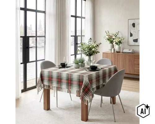 Een vierkante eettafel met een geruit tafelkleed met franjes in een lichte en modern ingerichte eetkamer. (Image AI modified or generated)