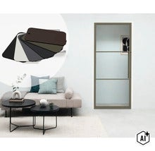 Moderne binnendeur met glasvulling en smal kozijn in een woonkamer inclusief kleurenwaaier voor de keuze van de afwerking. (Image AI modified or generated)