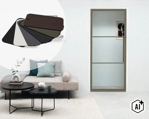 Moderne binnendeur met glasvulling en smal kozijn in een woonkamer inclusief kleurenwaaier voor de keuze van de afwerking. (Image AI modified or generated)