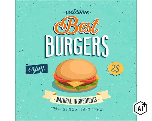Vintage poster met hamburger illustratie en de tekst Best Burgers met vermelding van natuurlijke ingrediënten sinds 1987. (Image AI modified or generated)