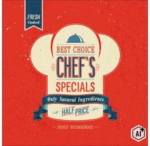 Vintage reclameposter voor Chef Specials met de tekst Best Choice en vermelding van natuurlijke ingrediënten en halve prijs. (Image AI modified or generated)