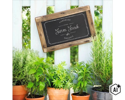 Decoratief houten bord met Farm Fresh tekst hangend aan een wit houten hek boven kruidenplanten in de tuin. (Image AI modified or generated)