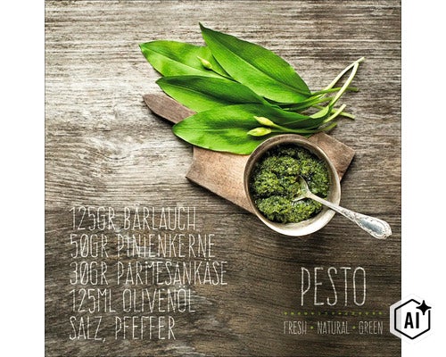 Recept voor daslookpesto met verse bladeren en ingrediëntenlijst op een rustieke houten ondergrond. (Image AI modified or generated)