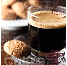 Een kopje koffie in een glas met een koekje op een schoteltje. (Image AI modified or generated)