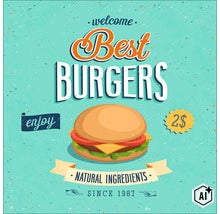Vintage poster met hamburger illustratie en de tekst Best Burgers met vermelding van natuurlijke ingrediënten sinds 1987. (Image AI modified or generated)