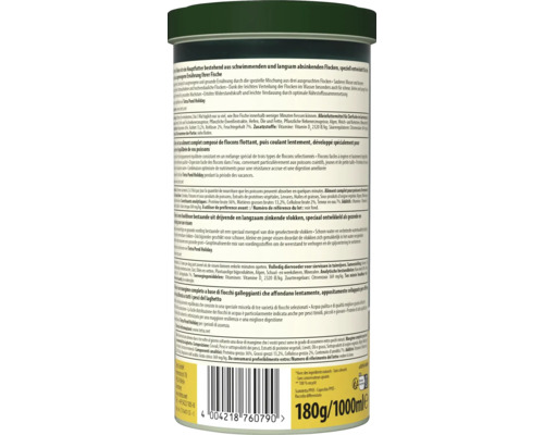 Pot met Tetra Pond Flakes visvoer voor tuinvijvers met productinformatie en ingrediënten op de achterzijde.