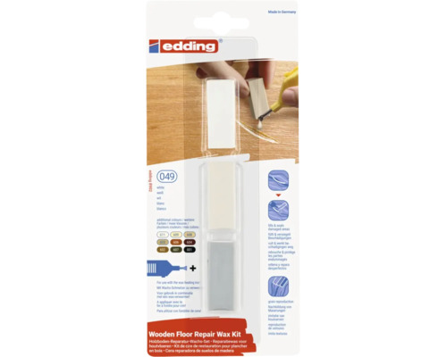Edding reparatieset voor houten vloeren met wasstaven in een blisterverpakking.