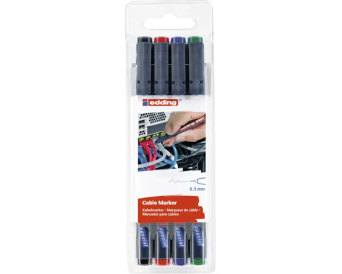 Set van vier Edding kabelmarkers 8407 met een lijndikte van 0,3 millimeter voor het markeren van kabels en leidingen