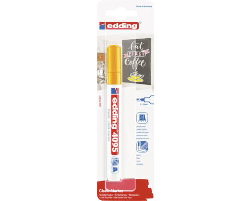 Edding krijtmarker 4095 in verpakking met 2 tot 3 millimeter lijndikte voor donkere borden en glas.