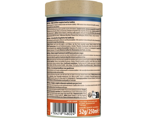 Pot goudvisvoer met ingrediënten, voedingsadvies en streepjescode.