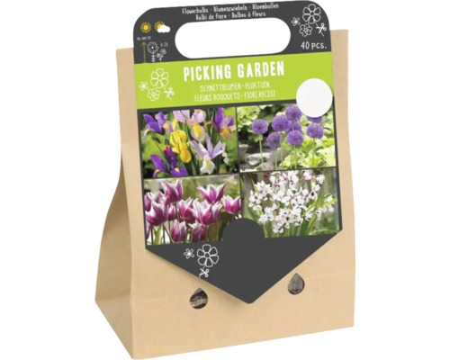Set van 40 bloembollen voor een pluktuin in een papieren draagtas met afbeeldingen van irissen, allium, tulpen en Acidanthera.