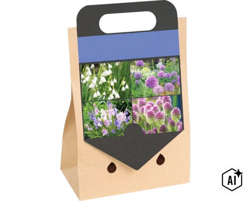 Papieren draagtas met bloembollen voor diverse voorjaarsbloeiers in de tuin (Image AI modified or generated)