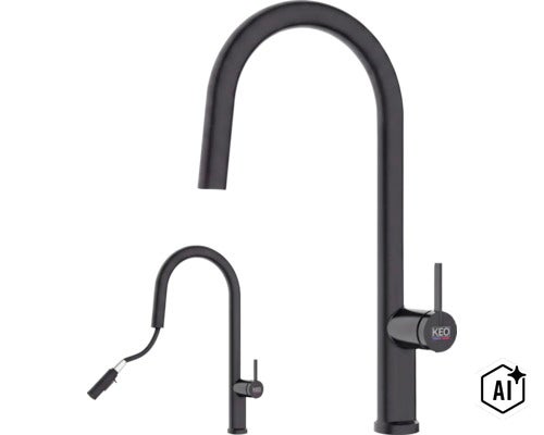 Keukenkraan met uittrekbare handdouche en eenhendelmengkraan, Keo logo, voor in de keuken. (Image AI modified or generated)