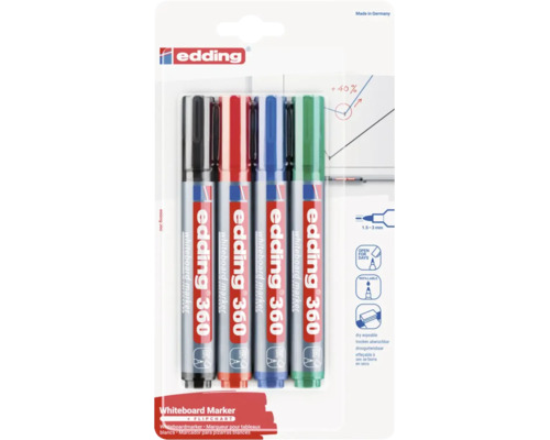 edding 360 whiteboardmarker set, 4 stuks, navulbaar, 1,5 tot 3 millimeter lijndikte, voor whiteboards en flipcharts.