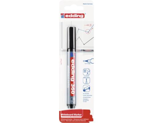 Edding 360 whiteboardmarker met ronde punt, navulbaar en droog uitwisbaar, in blisterverpakking.