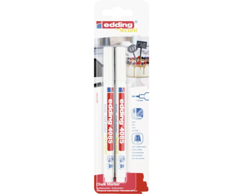 Twee Edding 4085 krijtmarkers voor glas en krijtborden met een lijnbreedte van 1 tot 2 millimeter in blisterverpakking.