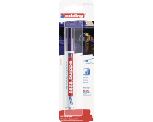 Edding 8280 UV marker met een lijnbreedte van 1,5 tot 3 millimeter in de verkoopverpakking.