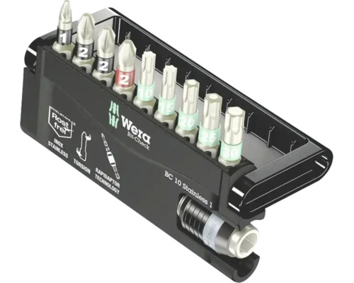 Wera Bit-Check 10 Stainless 1 set met bithouder en diverse bits in een kunststof box.