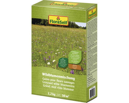 FloraSelf wilde bloemenmengsel 1,2 kilogram voor 50 vierkante meter verpakking met informatie over zaaien en verzorging van de bloemenweide