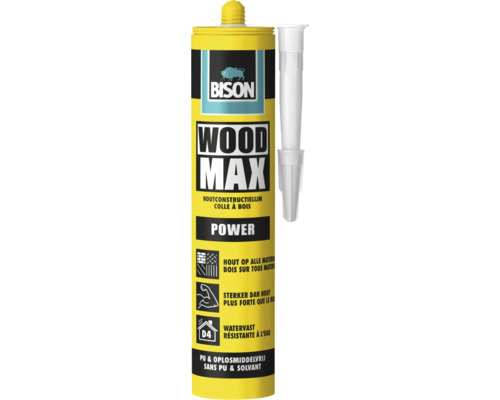 Bison Wood Max houtconstructielijm in koker met spuitmond voor krachtige en watervaste verlijming van diverse materialen.