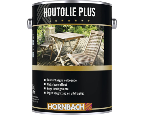 Blik Houtolie Plus houtolie voor het onderhoud van tuinmeubelen met Hornbach logo Blik Houtolie Plus houtolie voor het onderhoud van tuinmeubelen met Hornbach logo