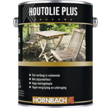 Blik Houtolie Plus houtolie voor het onderhoud van tuinmeubelen met Hornbach logo