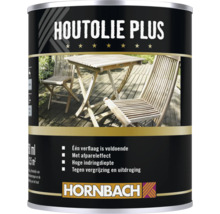 Blik Hornbach Houtolie Plus voor tuinmeubelen met gebruiksinstructies en Hornbach logo.