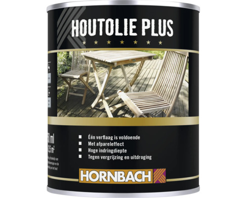 Blik Hornbach Houtolie Plus voor tuinmeubelen met gebruiksinstructies en Hornbach logo.