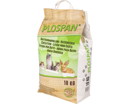 Plospan kattenbakvulling van geperste houtvezels in 10 kilogram zak.