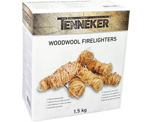 Tenneker houtwol aanmaakblokjes in een verpakking van 1,5 kilogram voor het eenvoudig aansteken van open haarden en barbecues.