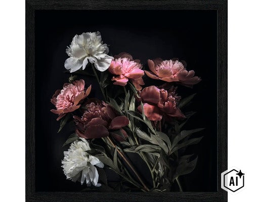 Ingelijste wanddecoratie met een bloemmotief van pioenrozen in een donkere, elegante stijl voor aan de muur. (Image AI modified or generated)