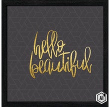 Wanddecoratie met de tekst Hello Beautiful in een zwart frame met geometrisch achtergrondpatroon (Image AI modified or generated)
