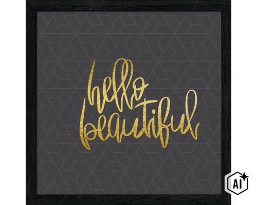Wanddecoratie met de tekst Hello Beautiful in een zwart frame met geometrisch achtergrondpatroon (Image AI modified or generated)