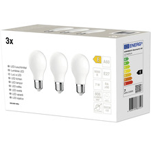Set van 3 ledlampen A60 met E27 fitting, 7 watt, 806 lumen, 6500 kelvin, energie-efficiëntieklasse E, niet dimbaar.