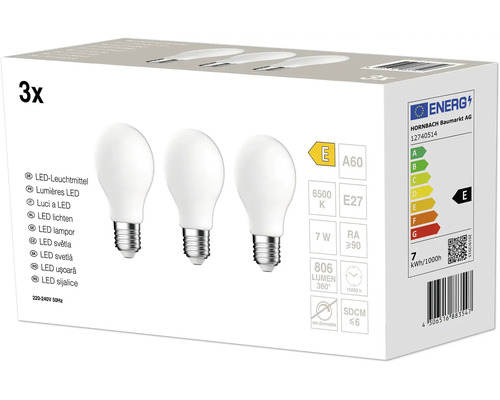Set van 3 ledlampen A60 met E27 fitting, 7 watt, 806 lumen, 6500 kelvin, energie-efficiëntieklasse E, niet dimbaar.