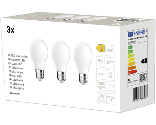 Drie stuks led lampen A60 E27 8 Watt 1055 Lumen 6500 Kelvin niet dimbaar