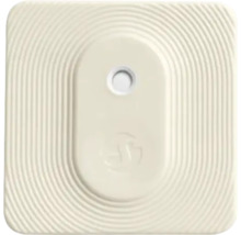 Vierkante afdekplaat voor een wandcontactdoos met centraal bevestigingsgat en concentrisch ringpatroon.