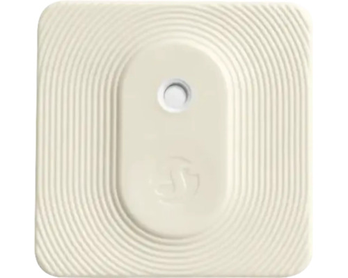 Vierkante afdekplaat voor een wandcontactdoos met centraal bevestigingsgat en concentrisch ringpatroon.