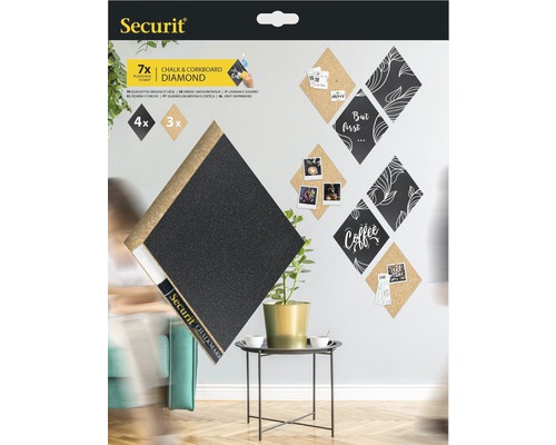 Securit krijt- en kurkbord diamant set, bestaande uit zeven delen, vier krijtborden en drie kurkborden