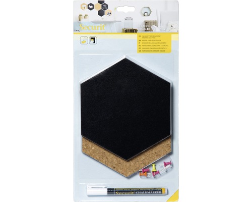 Zeshoekig krijtbord met kurken onderlaag, inclusief stiften en punaises