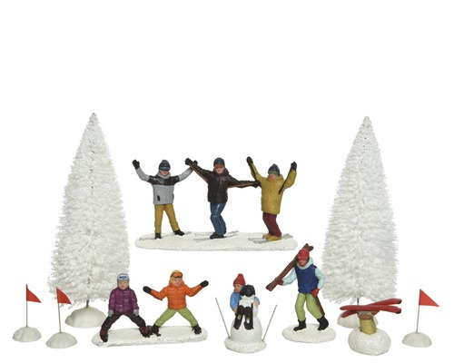 Decoratieve winterscène met figuren, bomen en ski''s voor binnenshuis