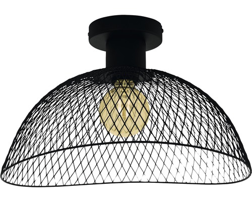 Zwarte plafondlamp met draadgaas en gloeilamp
