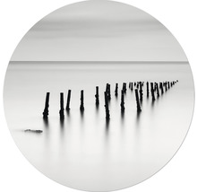 Fotografie van een rij houten palen in het water.