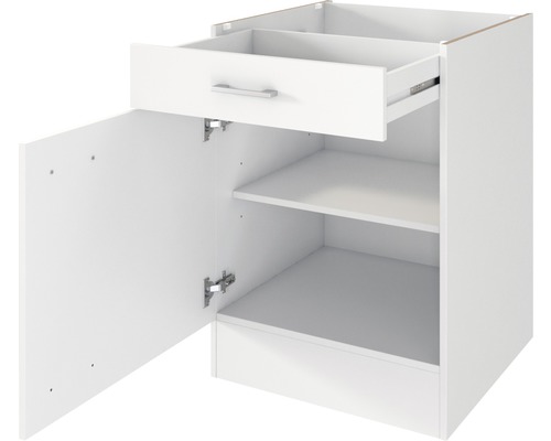 Witte onderkast met lade, open deur en twee planken