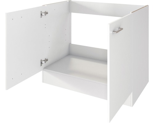 Witte wastafelonderkast met twee openstaande deuren.